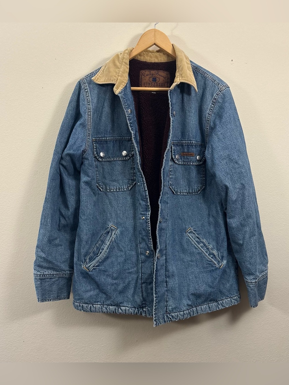 Lucky Brand Legend L Blue Denim Barn Jacket Corduroy Collar Chore Coat fleece